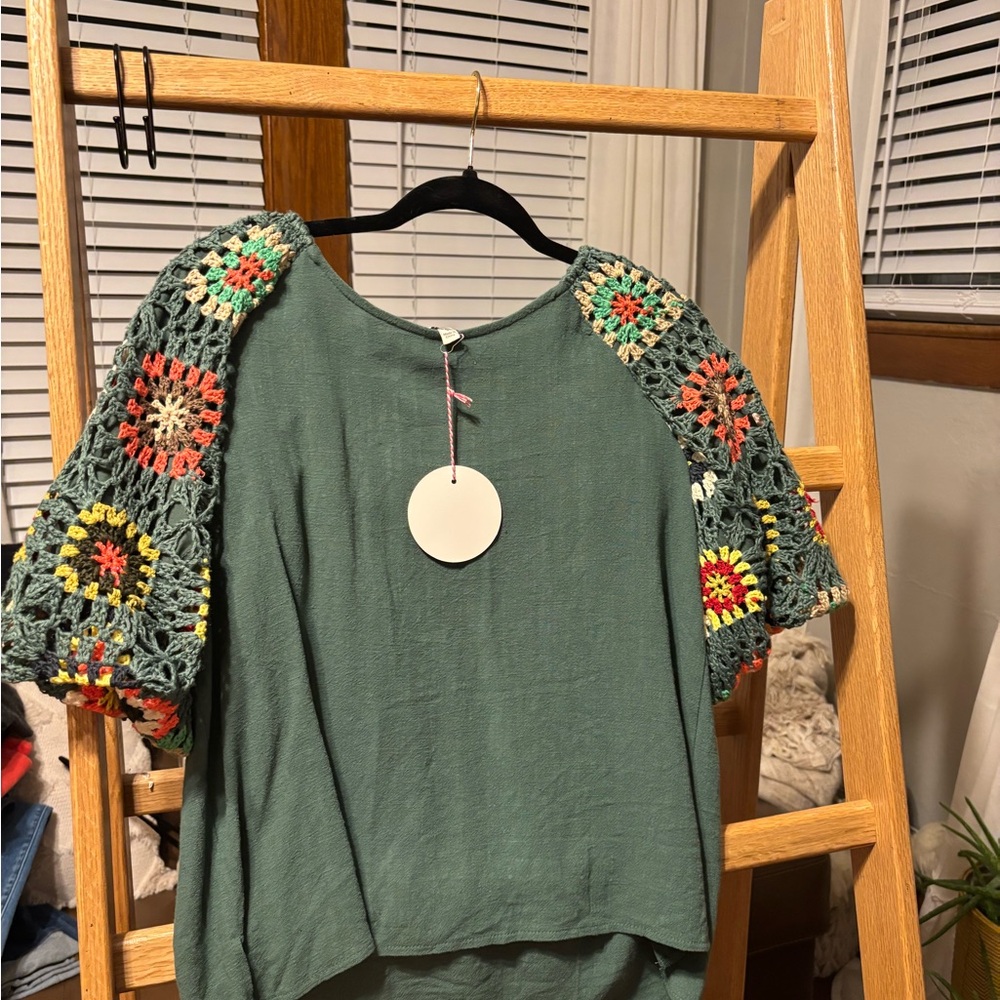 Green Crochet Sleeve Women's Top
